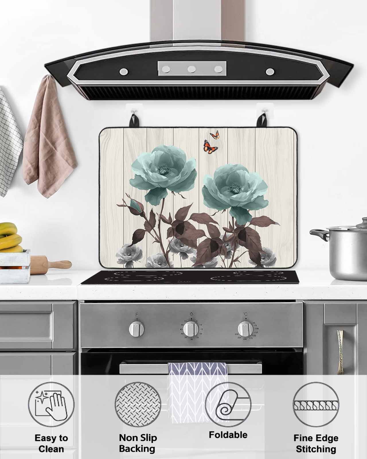 nqOlkjepod Large Induction Cooktop Protector Mat 24"x21", Teal Flowers Stove Top Covers for Electric Stove, Farmhouse Florals Butterfly Wooden Grain Stove Burner Cover Mats, Glass Top Stove Cover