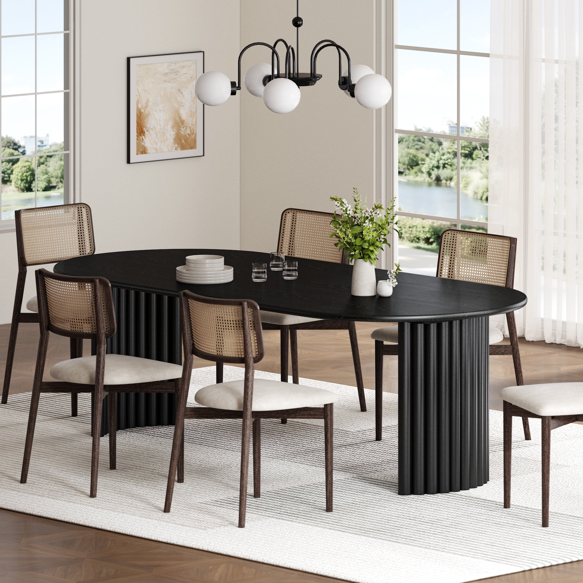 MAYEERTY Modern 67*33.5*30" Oval Black Dining Table with Arc - shaped Fine - Striped Legs, Seats 6