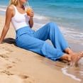 thumbnail image 6 of Summer Linen Pants for Women Wide Leg Elastic Waist Casual Beach Vacation Lounge Wear Dressy Flowy Plus Size Trouser Blue XL, 6 of 8