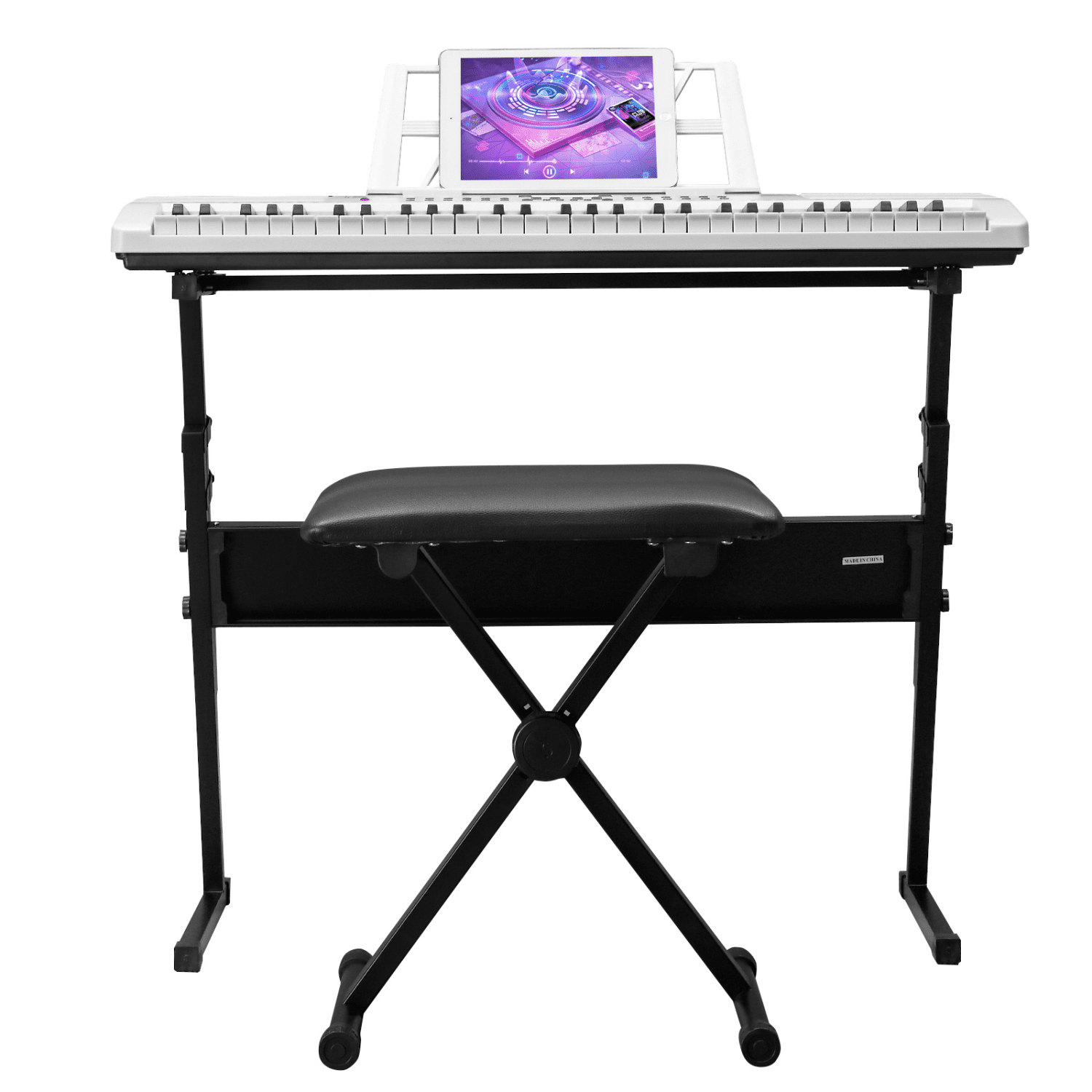 Hassch 61 Key Keyboard Piano for Beginners, Electronic Keyboard Kit with Stand, Bench, Headphone, Microphone, Built-In Speakers, Music Rest, LED Screen, 3 Teaching Modes, White