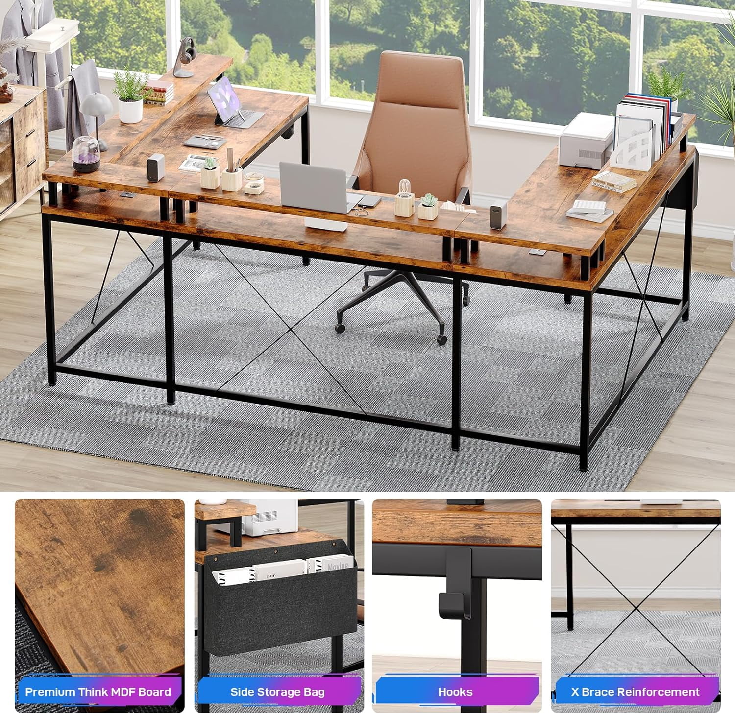 U Shaped Desk with Power Outlets & LED Lights, 79" Reversible L Shaped Desk, Corner Computer Desk Office Desk with Full Monitor Stand,Rusitc Brown