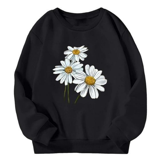 LIIPEE Girls Sweatshirts Cartoon Flower Printed Long Sleeve Round Neck Pullover Tops Leisure Daily Wear Sweatshirts,Black,3-4 Years