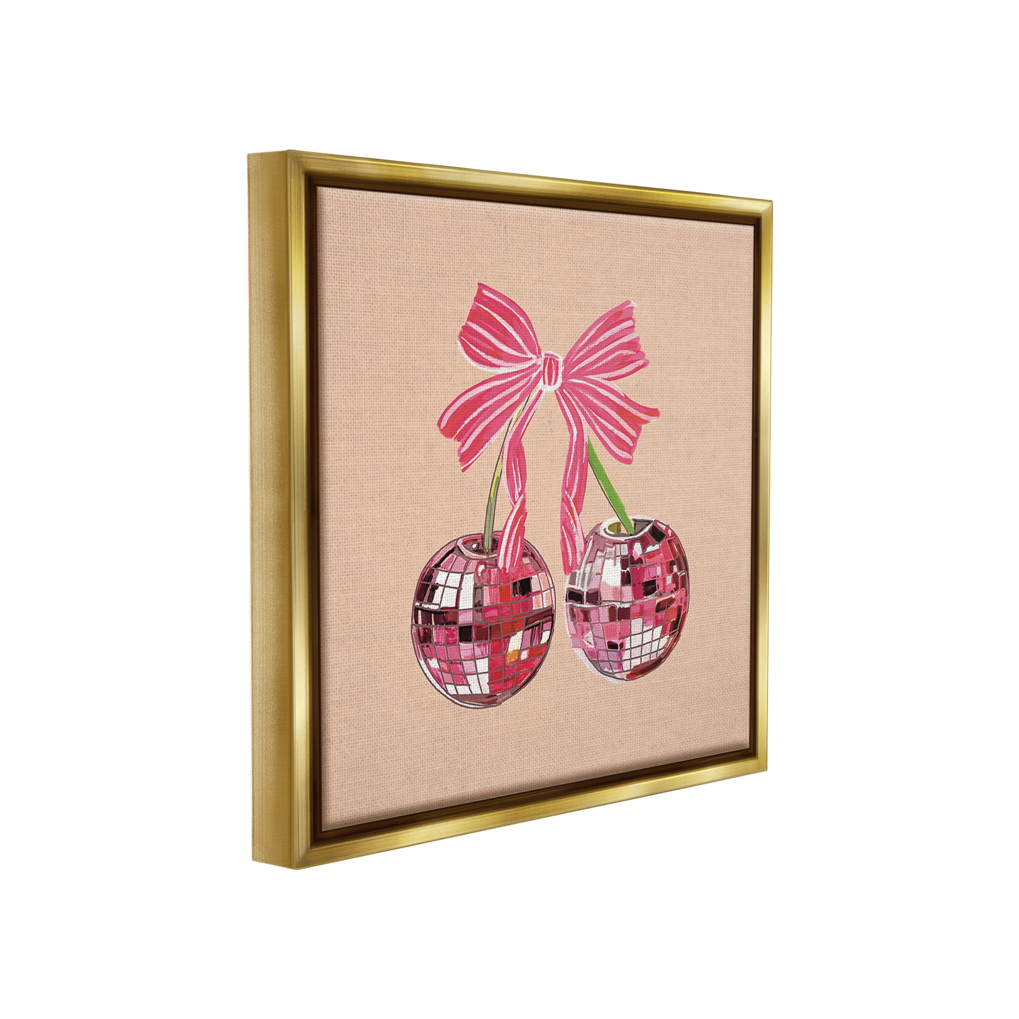 Stupell Industries Cherries with Pink Bow Food & Beverage Painting Gold Floater Framed Canvas Art Print Wall Art, 25 x 25
