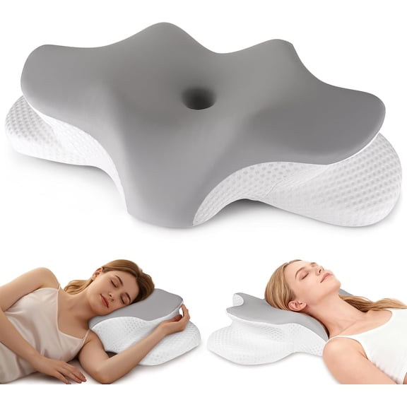 Cervical Neck Pillow for Pain Relief, Ergonomic Contour Pillow for Sleeping, 2 Heights Cooling Pillow for Neck and Shoulder Support, Memory Foam Orthopedic Pillow for Side Back Stomach Sleepers Grey