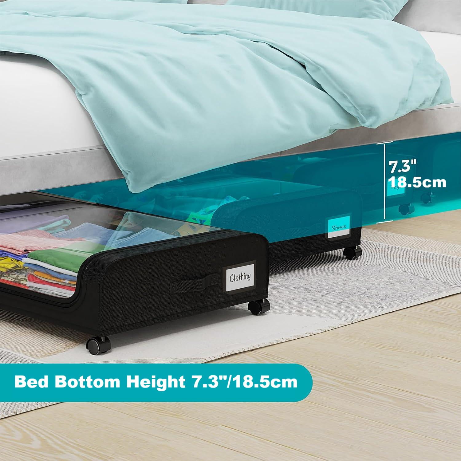 2 Pack Under Bed Storage with Wheels, Under Bed Shoe Storage Larger Capacity with PVC Clear Window & Label, Under the Bed Storage Containers for Shoe Clothes Toy Book