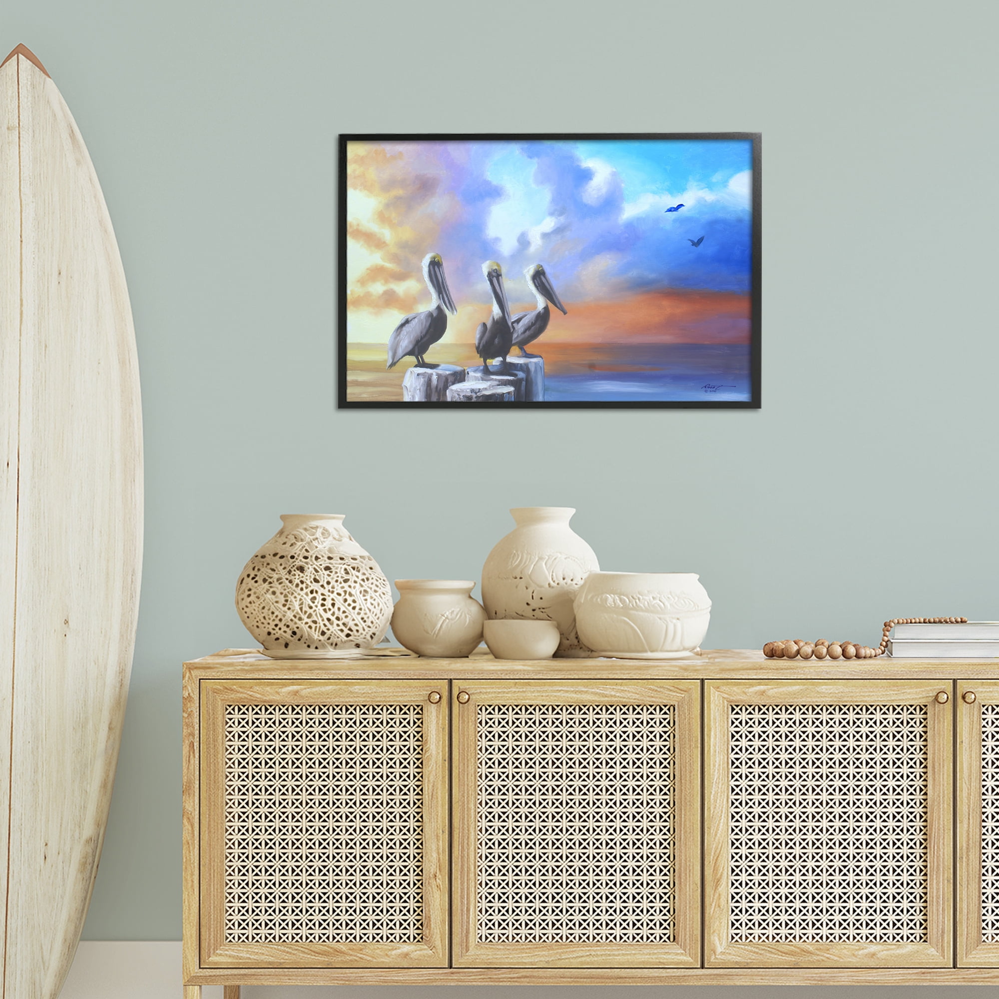 Stupell Industries Vivid Pelican Trio Landscape Painting Black Framed Art Print Wall Art, 30 x 20