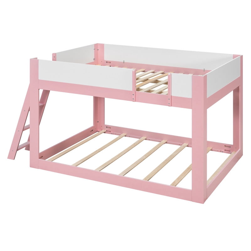 Queen-Over-Queen Low-Profile Bunk Bed with Guardrails, Wooden Kids Bed with Reversible Ladder, Accent Two-Tone Bed Frame