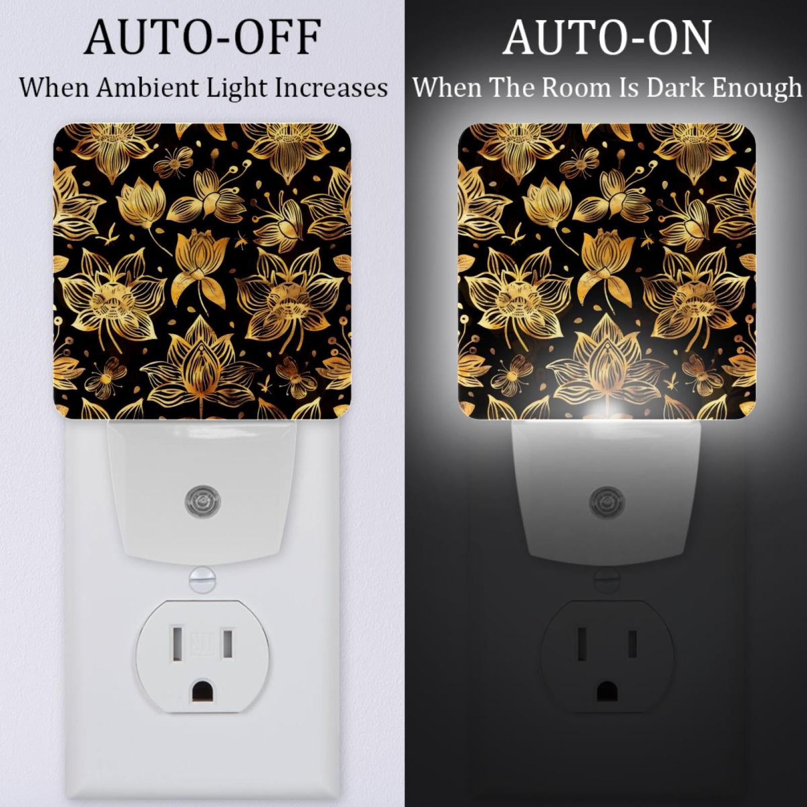 PhooArto Lotus Flower Golden Pattern Plug in LED Night Light Auto Sensor Dusk to Dawn Decorative Night for Bedroom, Bathroom, Kitchen, Hallway, Stairs, Baby's Room, Energy Saving