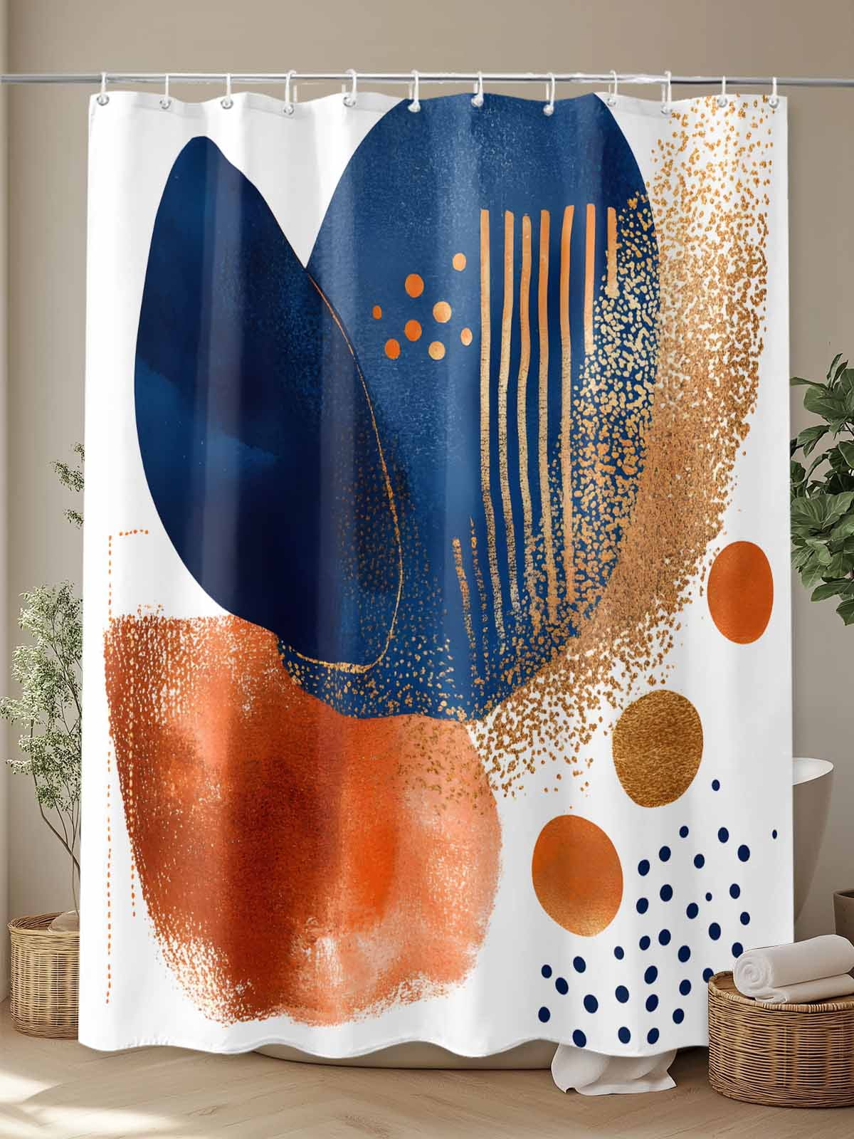 Shower Curtains Abstract Ombre Blue Gold Orange Bath Curtain Modern Art Waterproof Bathroom Shower Curtain Set with Hooks Decoration 72 x 84 Inches