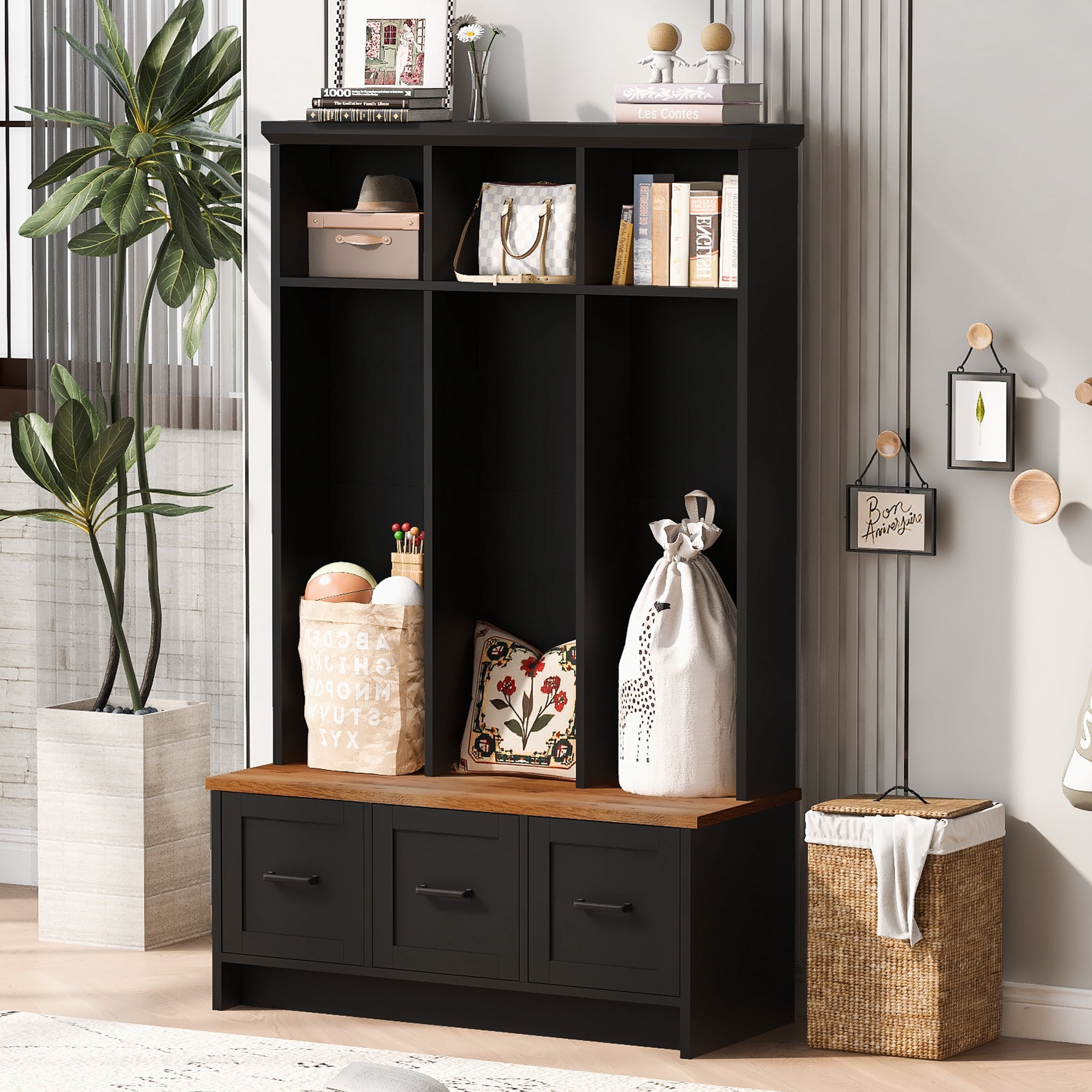 Euroco 40.2'' Wide Hall Tree with Storage Bench,Modern Hall Tree with Entryway Bench, 3 Shelves and Drawers