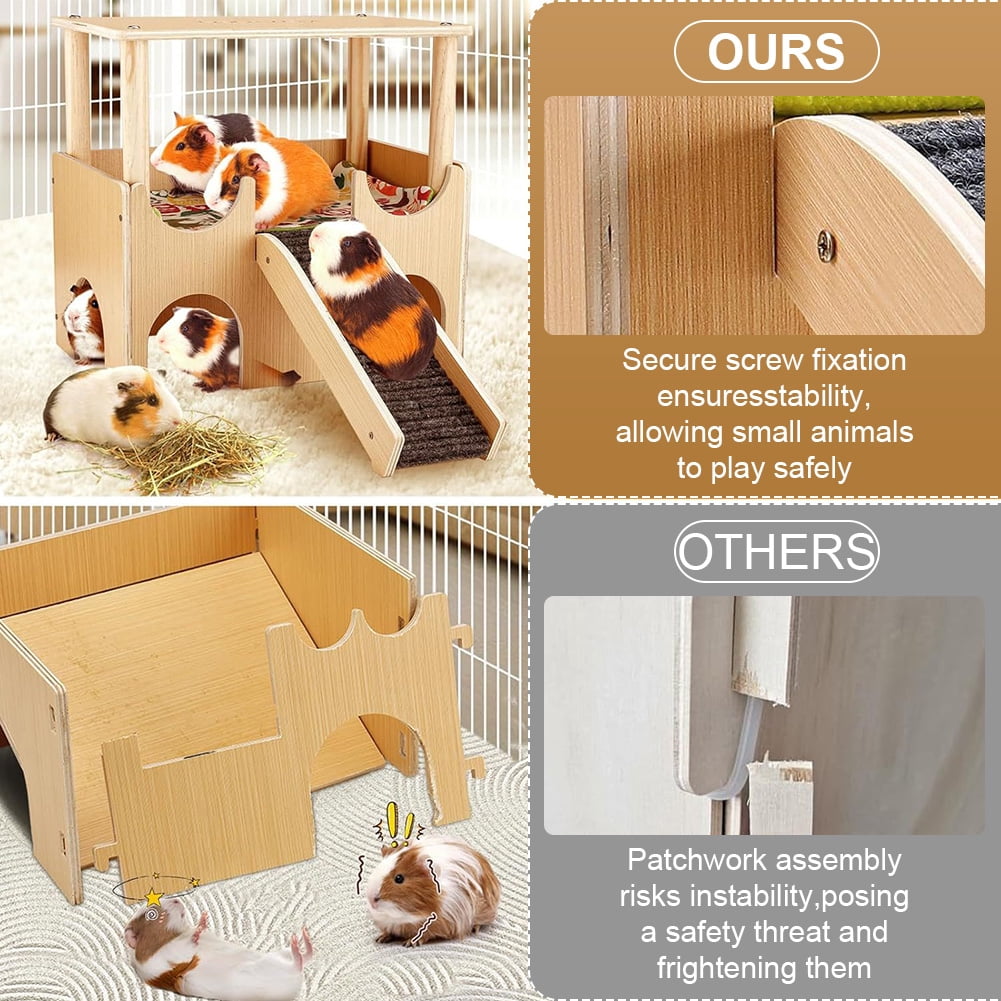 Qiyester Guinea Pig Castle Wooden Hamster House Animal  Hideout Habitat with Stairs for Chinchilla Hedgehog Rabbit Bunny