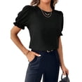 thumbnail image 3 of Women Dressy Plain Solid Short Sleeve Chiffon Blouse Boat Neck Shirts Summer Tops Elegant Blouse Tshirts Tees Apparel Black L, 3 of 8