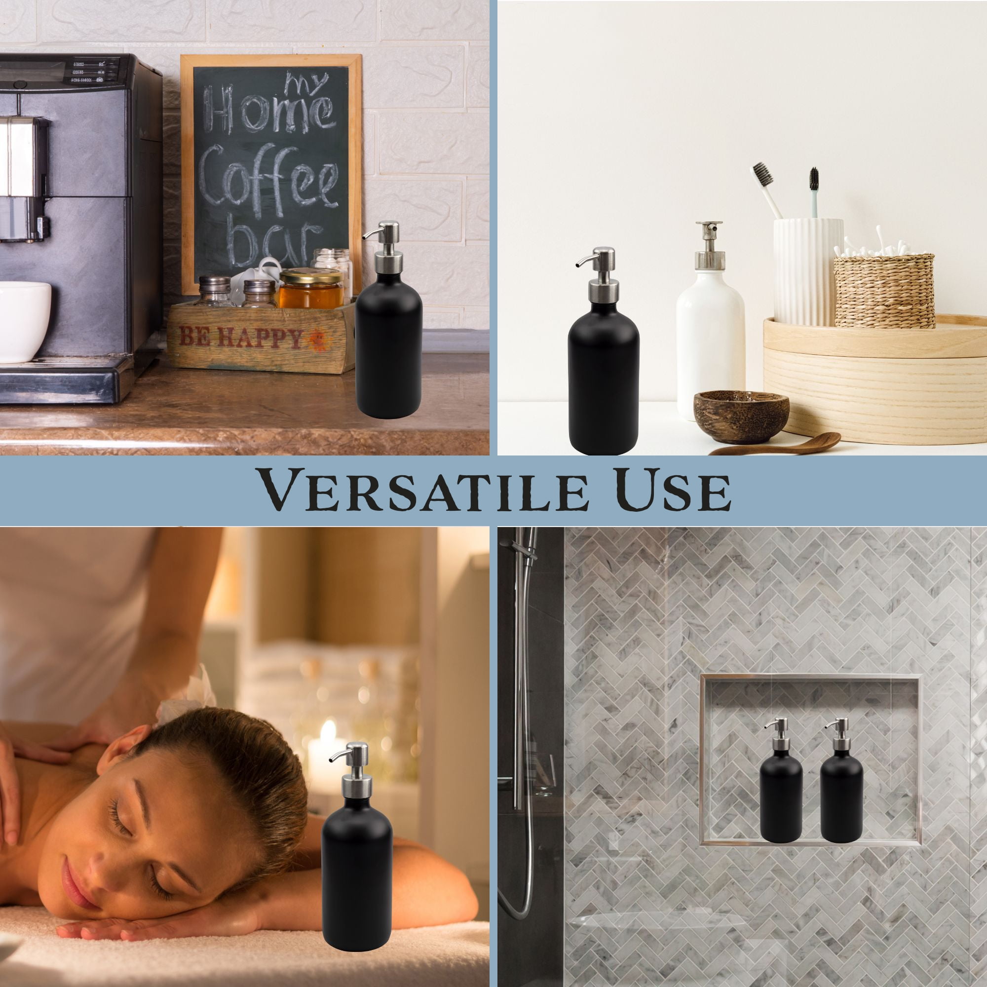 Cornucopia Brands 16oz Black Glass Bottles w/ Stainless Steel Pumps (2-Pack); Black Coated Boston Round; Lotion, Hand Care & Soap Dispensers