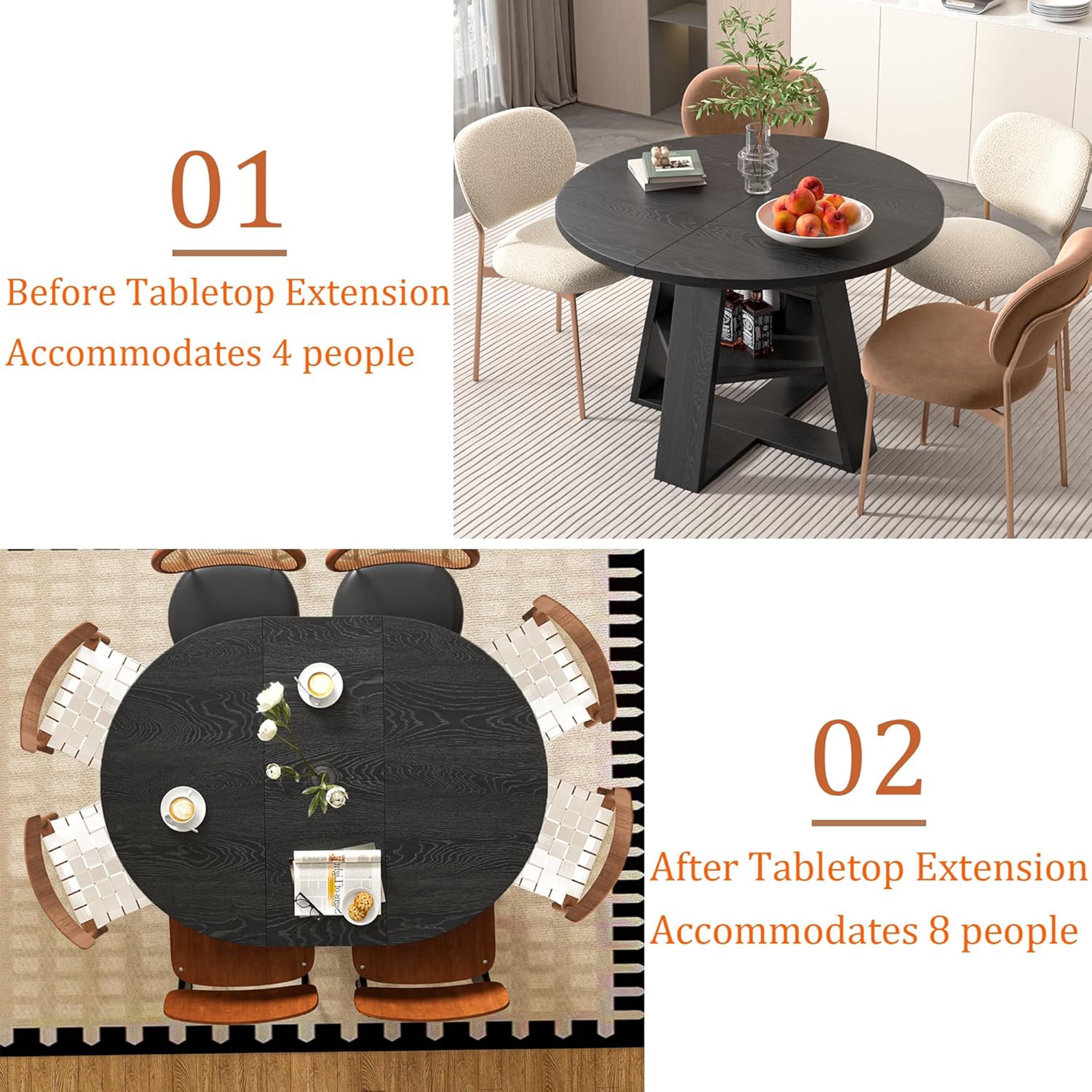 Round Dining Table Modern Extendable Dining Table with Removable Leaves for Kitchen