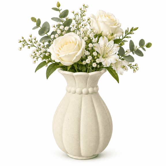 Junistra Ceramic Flower Vase, 7.6 Inch Decorative Vase with Scalloped Rim and Beaded Detail, Rustic Farmhouse Vase for Living Room, Dining Table, Bookshelf, Mantel and Home Decor, Cream White