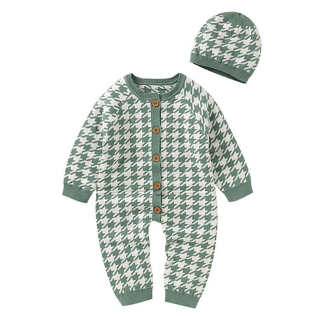 

YongANs Kids Girls Boys Casual Sweatshirts Baby Girl Boy Cotton Knitted Sweater Romper Jumpsuit Outfits Hat Set
