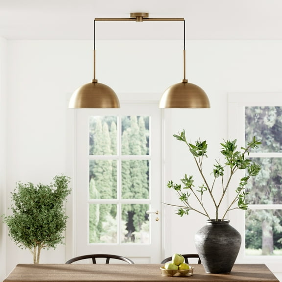 Nathan James Percy Modern 2-Light Pendant Island Light Fixture, Brass Hanging Lights with Gold Metal Shade and Adjustable Cord