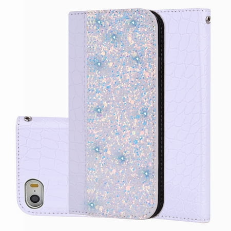 iPhone 5/5S/SE(2016) Case, iPhone 5/5S/SE(2016) Cover, Allytech Unique Bling Design PU Leather Wallet case with Wrist Strap Flip Folio Kickstand Cover for iPhone SE(2016)/ iPhone 5/ iPhone 5S, White