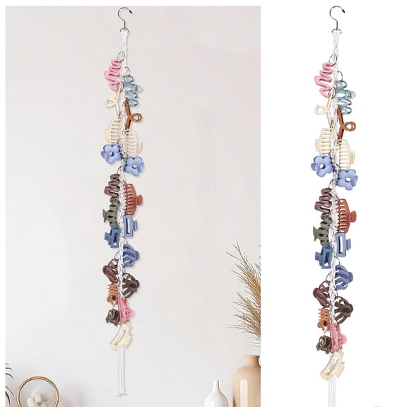 LQSEO Macrame Hair Claw Clip Organizer with Rotating Hook and 20 Metal Rings,Hanging Hair Clip Holder and Storage for Women Girls,Claw Clips Hanger Home Decor for Wall,Door,Closet