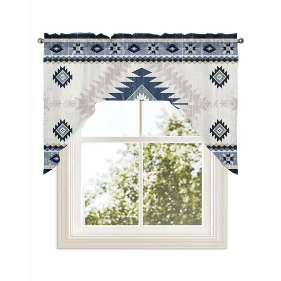 Blue Beige Boho Kitchen Curtains Swag Valance for Windows/Bathroom/Cafe, Vintage Ethnic Tribal Southwestern Rod Pocket Drape Panel Swag Curtains Valance for Bedroom/Living Room 56"x36"