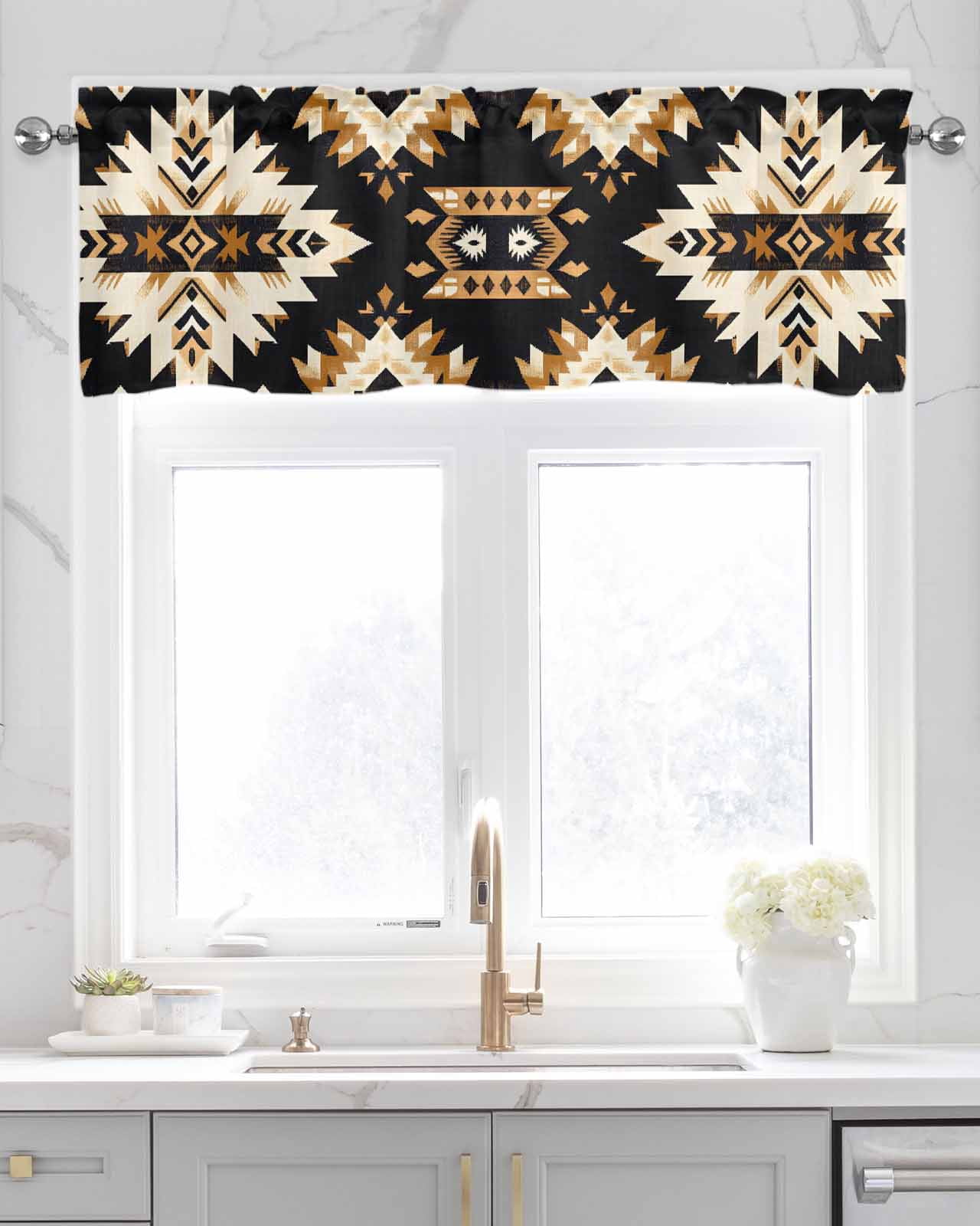 Southwestern Aztec Kitchen Valances for Windows Farmhouse Linen Window Valance Curtain for Living Room Window Treatment Retro National Style Brown Abstract Valance Rod Pocket Topper, 60 x 18 Inch
