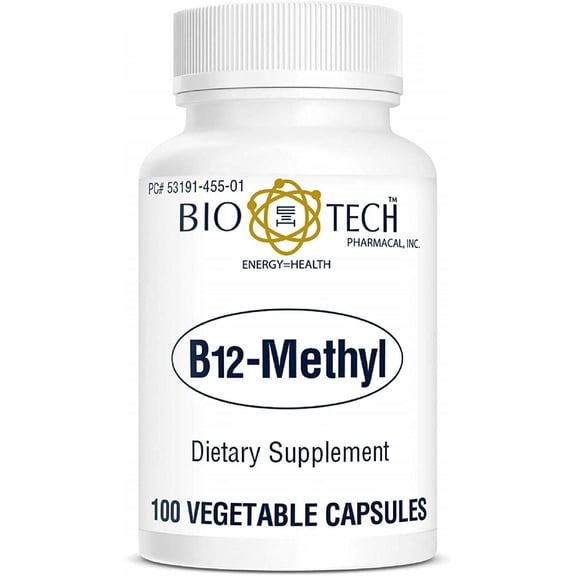 Bio-Tech Pharmacal B12-Methyl, 100 Vegetarian Capsules – All-Natural Supplement – Supports Cognitive Function, Sleep, Cardiovascular, & Nervous System Health – No Dairy, Fish, Gluten, Peanut,