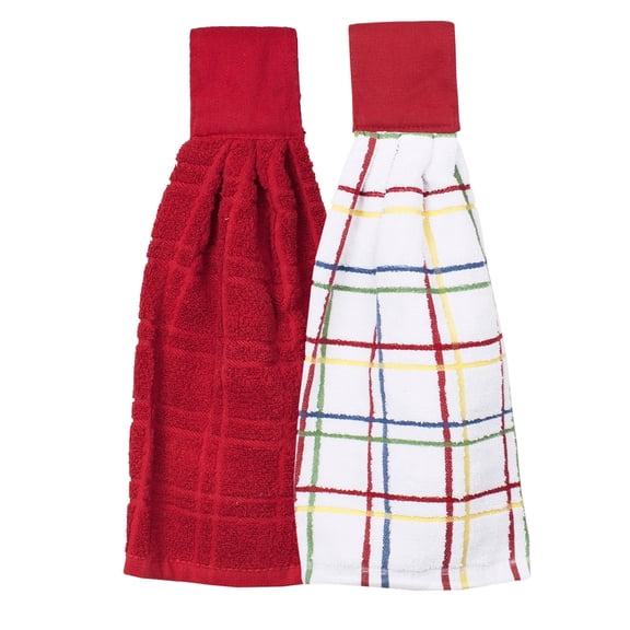 RITZ Solid and Multi Check Kitchen Tie Towel, Set of Two, Paprika
