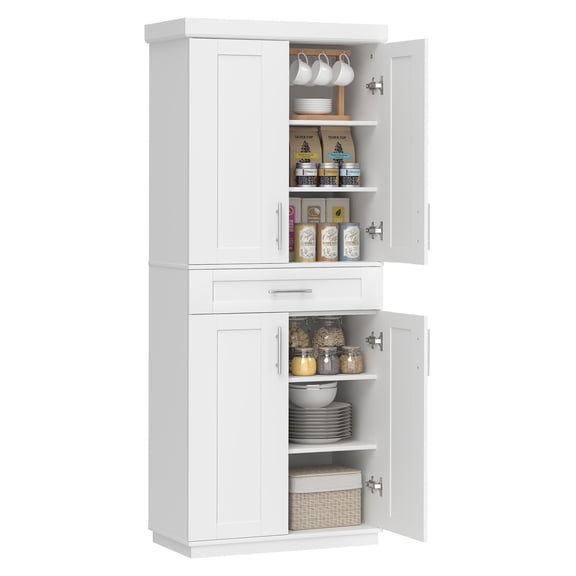 Kitchen Pantry Freestanding Cabinet, White Cupboard with Doors & Drawer, Adjustable Shelves