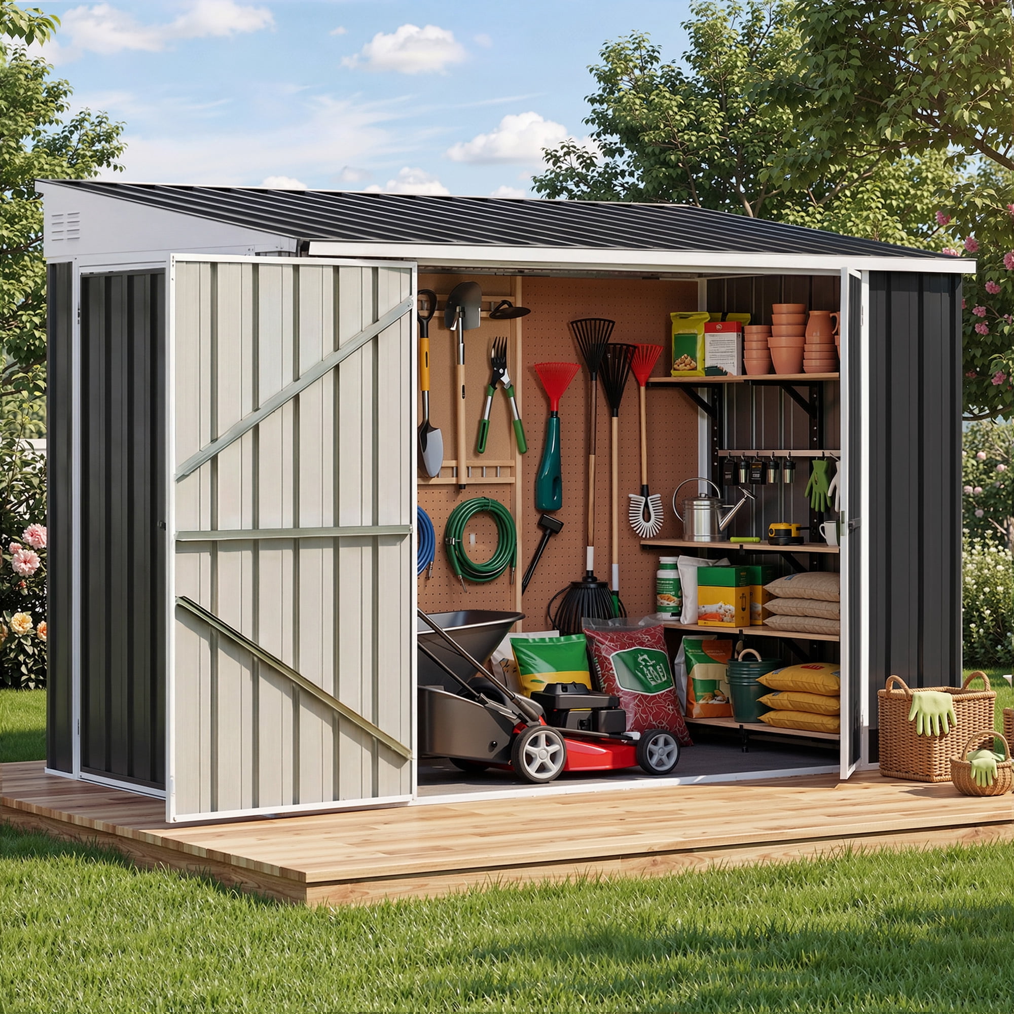 Uforic 7' x 4' Outdoor Weatherproof Storage Shed, Metal Bike Shed with Lockable Doors, Garden Storage for Lawn Equipment, Tools and Trash Cans, Dark Gray