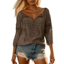 Summer Tops for Women Lace Patchwork 3/4 Sleeved V-Neck T Shirts Basic Casual Loose Fit Going Out Workout Blouses Outfits