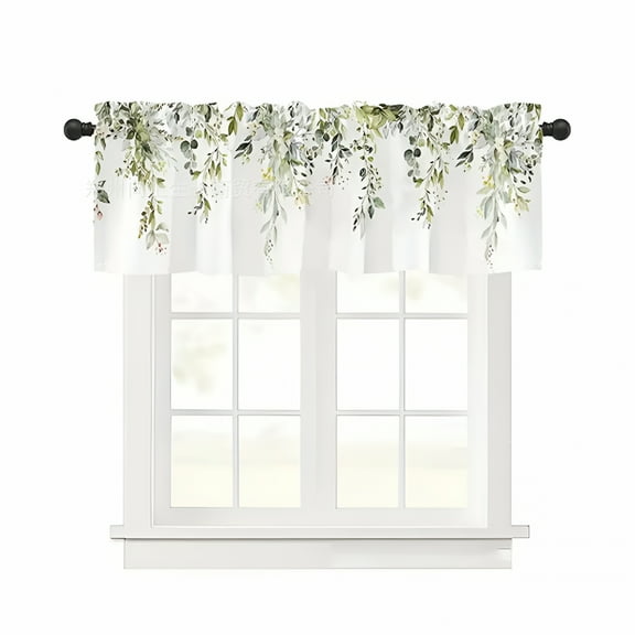 AUQ Valances Curtain Sage Green Floral Kitchen Rod Pocket Short Panels Watercolor Eucalyptus Leaves Retro Window Treatment Topper Curtains for Living Bedroom Farmhouse 1 Panel 54X18 In