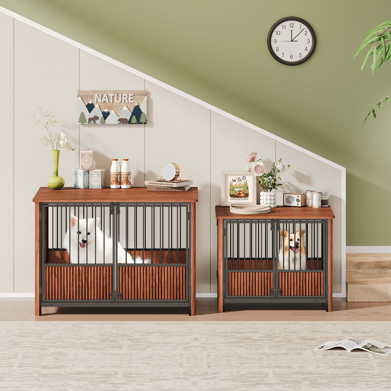43" Walnut Fluted Furniture Style Dog Crate for Large & Medium Dogs, Decorative Pet House with Double Door, Indoor End Table Side Table Dog Cage
