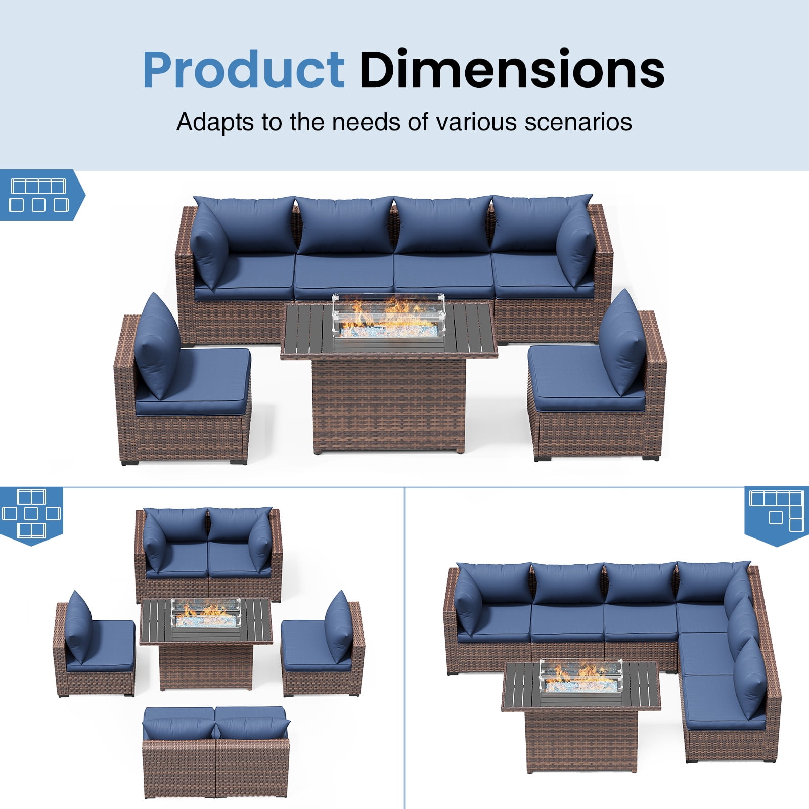 ELPOSUN 7 Pieces Patio Furniture Set All Weather Outdoor Sectional Sofa, Outdoor Modern Sectional Furniture Wicker Couch with Fire Pit Table, Thicken Navy Blue Cushions, Water Resistant