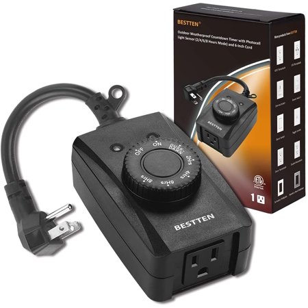 Outdoor Weatherproof Timer Outlet with Photocell Light Sensor, Grounded