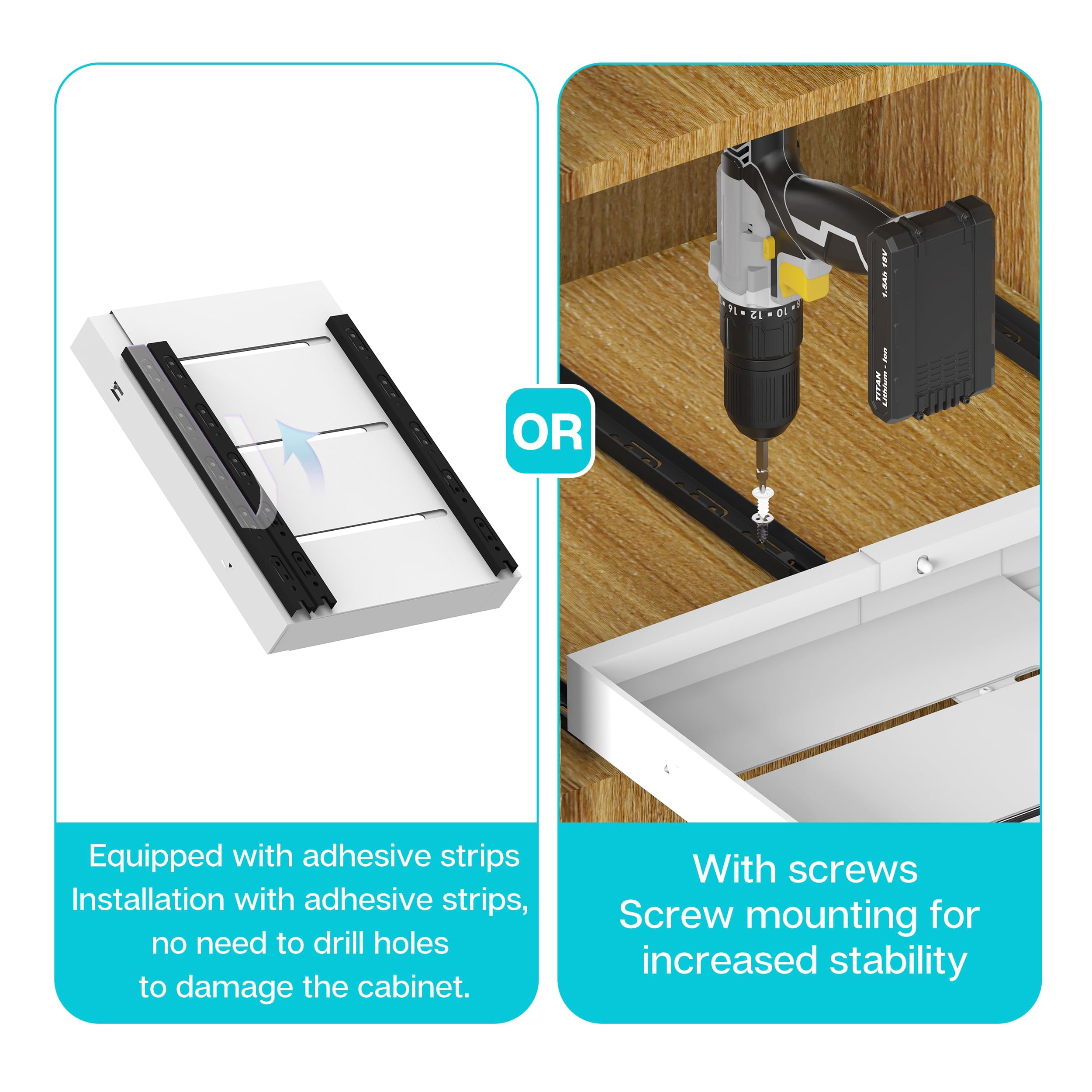STORKING Expandable Pull Out Cabinet Organizer 21" Deep, White Adhesive Pull Out Drawers for Cabinets 12.6"W - 20.5"W, No Drill Expandablet Drawer for Kitchen, Pantry, Bathroom