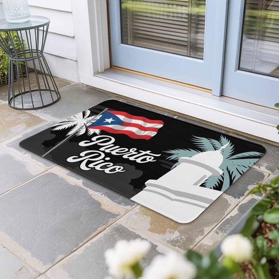 Puerto Rico Flag Door Mat Indoor Outdoor, Modern Art Palm Tree American Flags Non Slip Welcome Mat with Rubber Backing, Absorbent Fabric Front Door Mats Entryway Rug for Home Patio Entrance 20"x31.5"