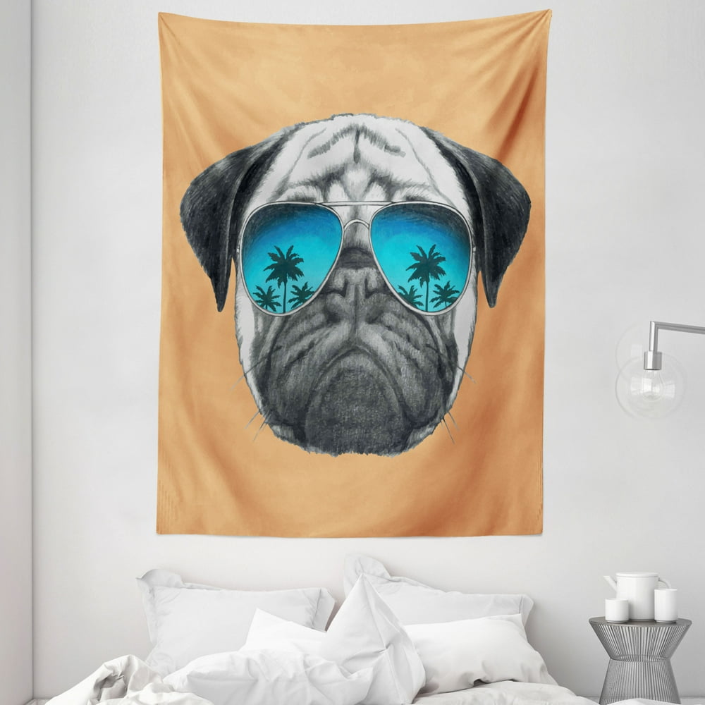 Pug Tapestry, Dog with Reflecting Aviators Palm Trees Tropical