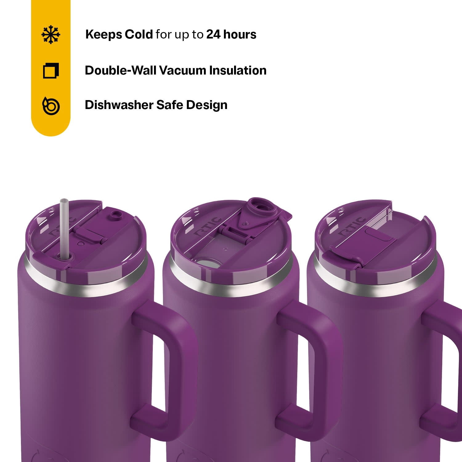 RTIC 64 oz Ceramic Lined Road Trip Tumbler with Handle and Leak-Resistant Straw Lid, Berry Jam