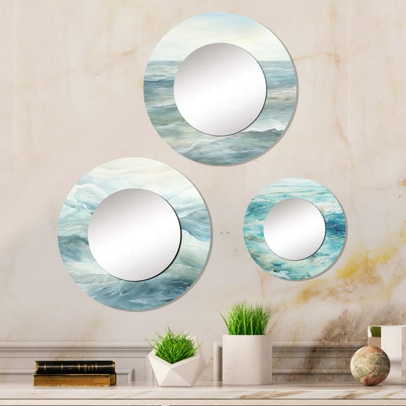 Designart "Minimalist Charm Of Oceanic Waves" Ocean Round Mirror Set Of 3 - Country Blue Round Bathroom Wall Mirror Set