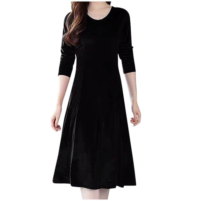 Vestido midi de terciopelo de manga larga y cintura alta para mujer - Vestido de cóctel de invierno/primavera, corte ajustado, cuello alto, color liso