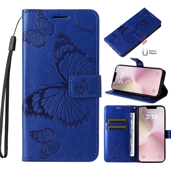 Compatible with For iPhone 16e Wallet Case [RFID Blocking Protection] for Men Women,Butterfly Embossed PU Leather Card Slots Magnetic Flip Kickstand with Wrist Strap Phone Cover,Blue