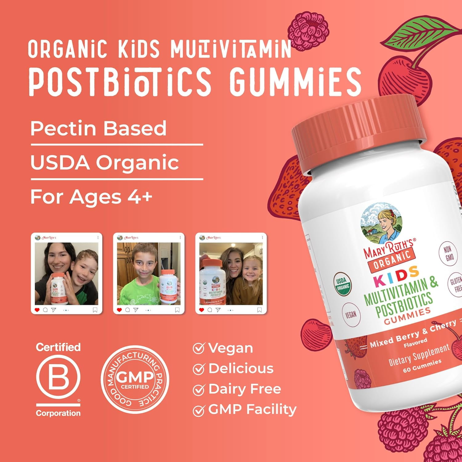 MaryRuth's Kids Multivitamin Gummies with Vitamins and Postbiotics, 60 Count
