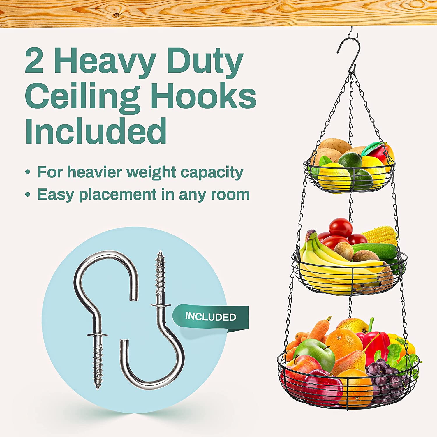 Heavy Duty 3-Tier Hanging Fruit and Vegetable Basket with 2 Metal Ceiling Hooks, Chrome