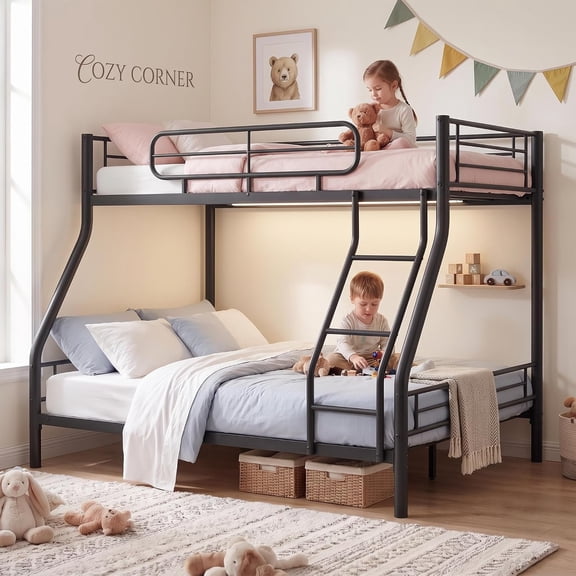 Twin XL Over Full Bunk Bed Frame, Heavy Duty Metal with Guardrails & Reversible Ladder,black