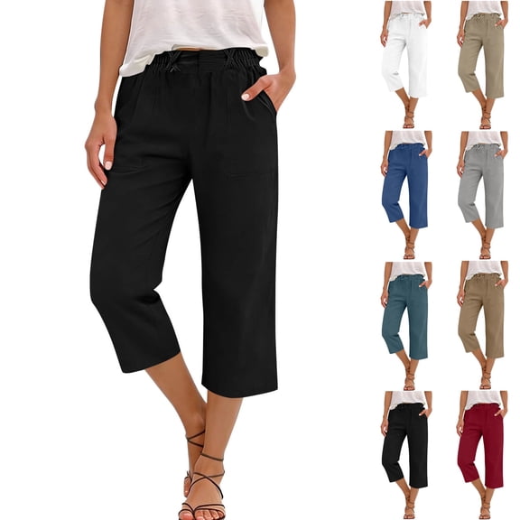 100% Cotton Womens Capri Pants Flat Front Elastic Waisted Pull-On Straight Leg Comfortable Hiking Pants With Pockets