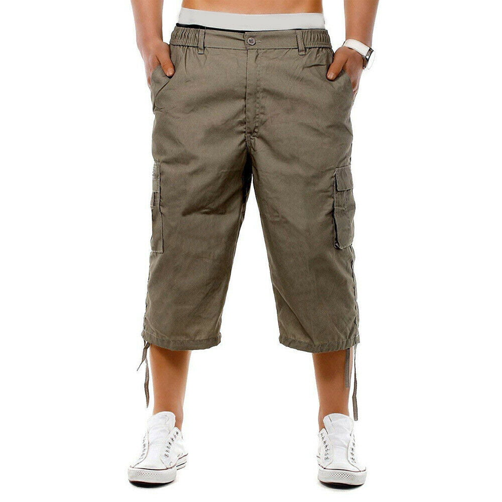 KEFITEVD Mens Casual Twill Elastic 3/4 Cargo Shorts Loose Fit Multi-Pocket Capri Long Short Pants 