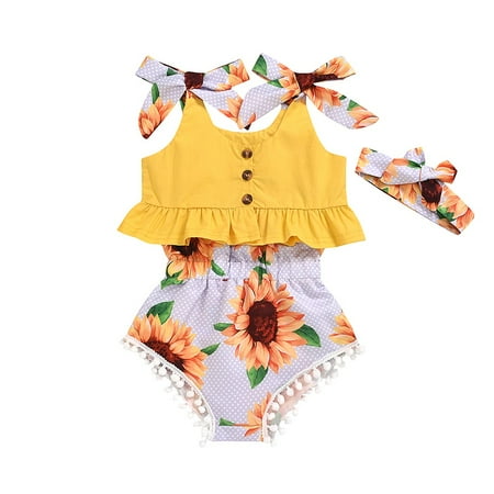 

ZMHEGW Toddler Outfits For Girl Baby Sleeveless Strap Tank Tops+Sunflower Print Shorts+Headband Set