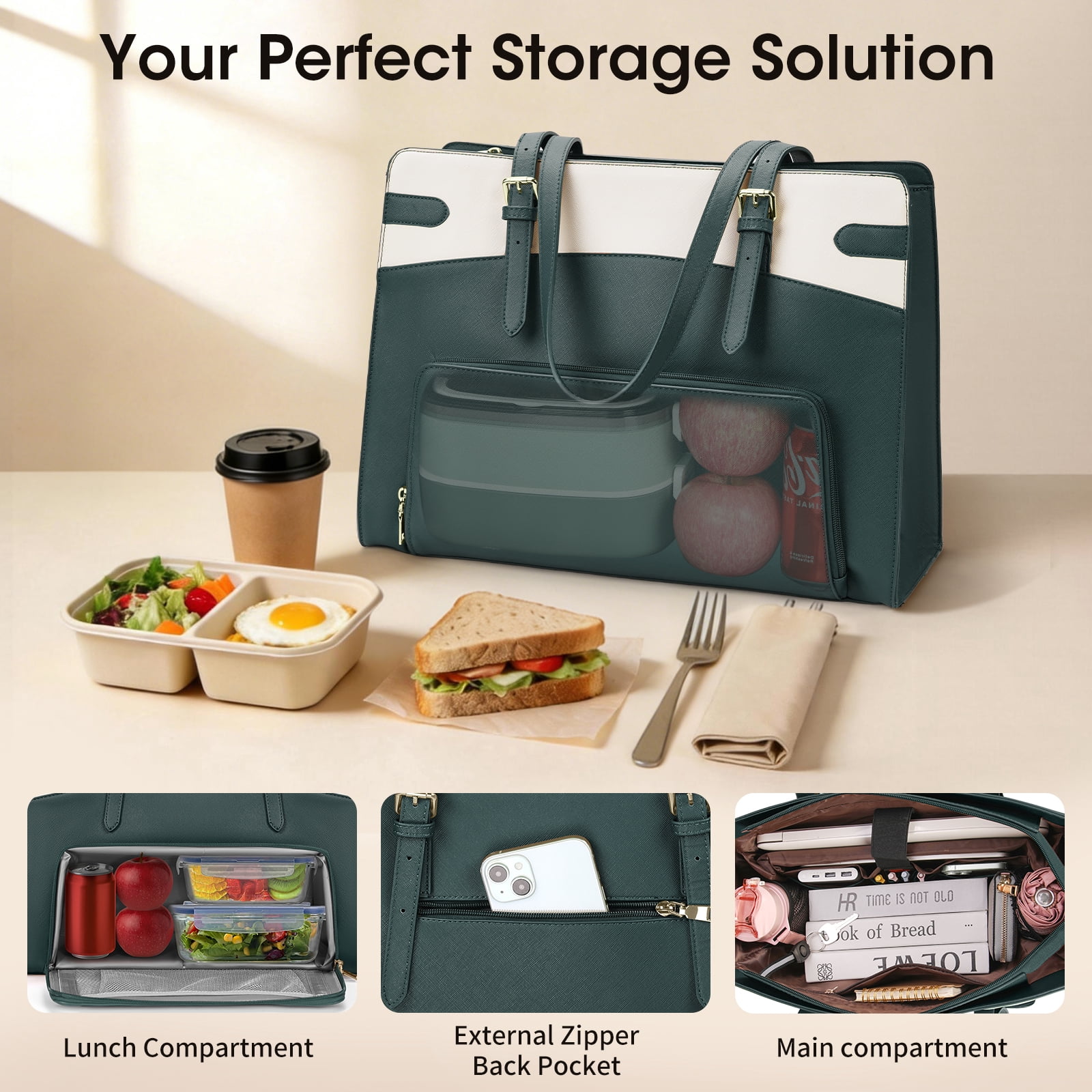 RAINSMORE 15.6 inch Lunch Tote Bag for Women Laptop Bags with Insulated Lunch Compartment Teacher Work Bag for Office Travel,GreenWhite