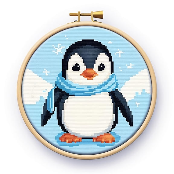 Cartoon Penguin DIY Stamped Cross Stitch Kits Easy for Beginners and Children with Hoop 11CT Needlepoint Counted Embroidery Kits Art Craft Wall Decoration 12x12inch(4)