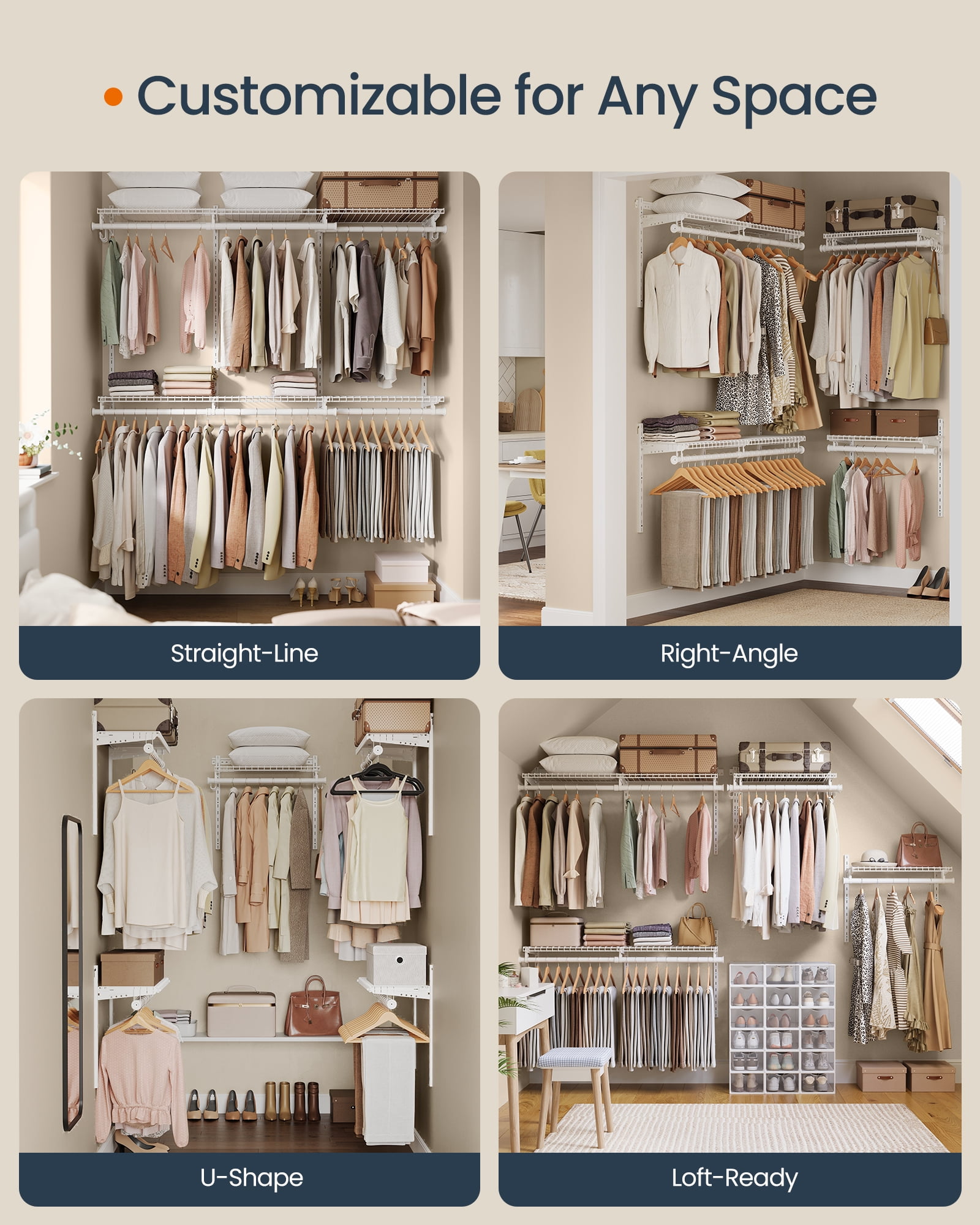 SONGMICS HOME Closet System, Closet Insert Organizer, 4-8 ft, Adjustable Metal Shelving Unit with 6 Hanging Rods, 6 Shelves, and Hooks, for Pantry Mudroom Garage Basement, Cloud White
